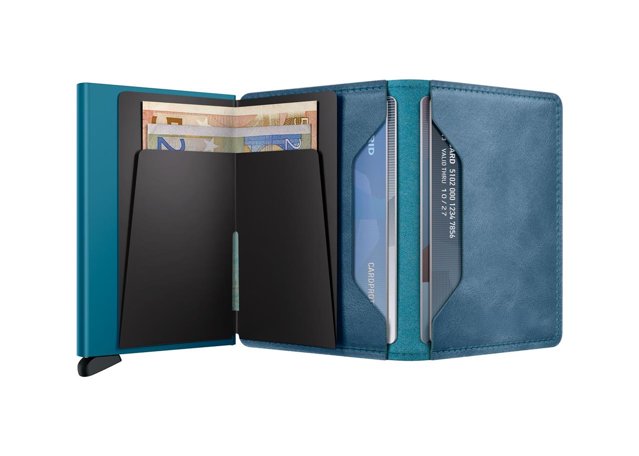 Das Bild zeigt das Produkt "Slimwallet Vintage Teal" in geöffnetem Zustand. Im Inneren sind Geldscheine und mehrere Kartenfächer zu sehen.