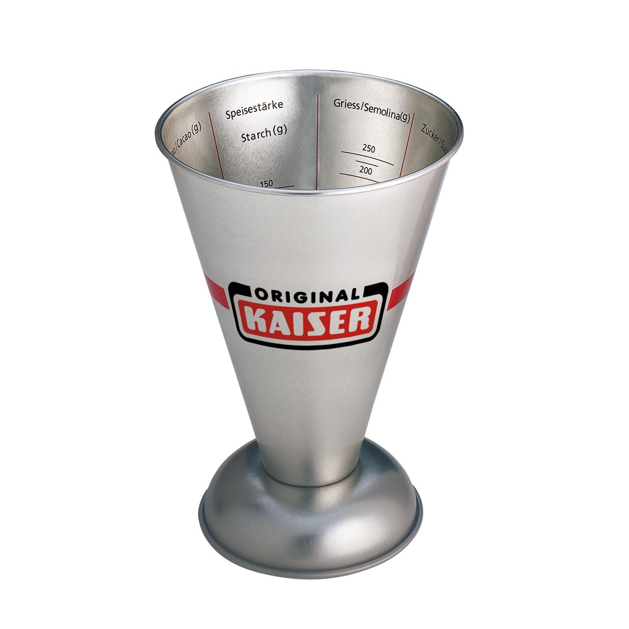 Dies ist ein metallischer Messbecher mit einem Fassungsvermögen von 500 ml. Auf der Außenseite steht "Original Kaiser", und im Inneren sind verschiedene Messskalen abgebildet.