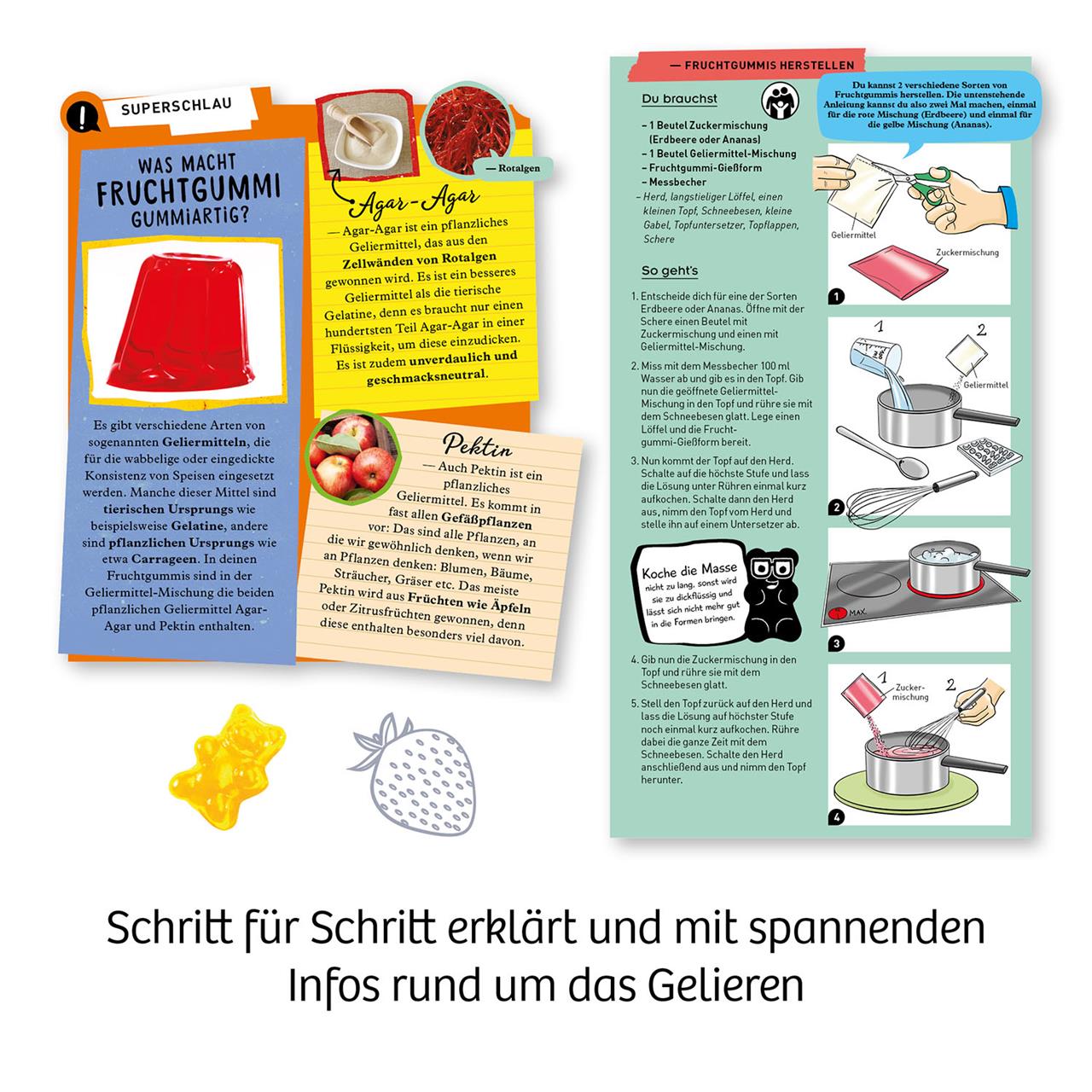 Das Bild zeigt eine Anleitung und Informationen für das "Fun Science - Fruchtgummi-Labor". Es werden Schritt für Schritt die Herstellung von Fruchtgummis sowie interessante Fakten über Geliermittel wie Agar-Agar und Pektin erklärt.