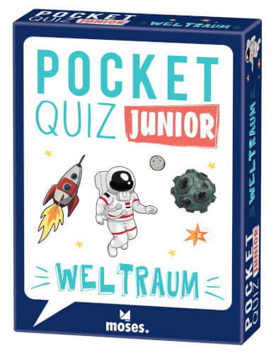 Auf dem Bild ist eine Quizbox mit dem Titel "Pocket Quiz Junior Weltraum" zu sehen. Auf der Verpackung sind eine Rakete, ein Astronaut und ein Asteroid abgebildet.