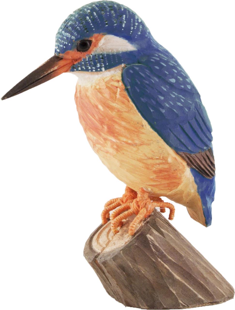Das Bild zeigt eine bunt bemalte Holzfigur eines Eisvogels namens "DecoBird Eisvogel". Der Vogel sitzt auf einem kleinen Stück Holz und wirkt sehr naturgetreu.