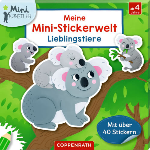 Auf dem Bild sind mehrere gezeichnete Koalas in einem grünen Wald zu sehen. Es handelt sich um ein Stickerbuch mit dem Titel "Meine Mini-Stickerwelt Lieblingstiere" und enthält über 40 Sticker.