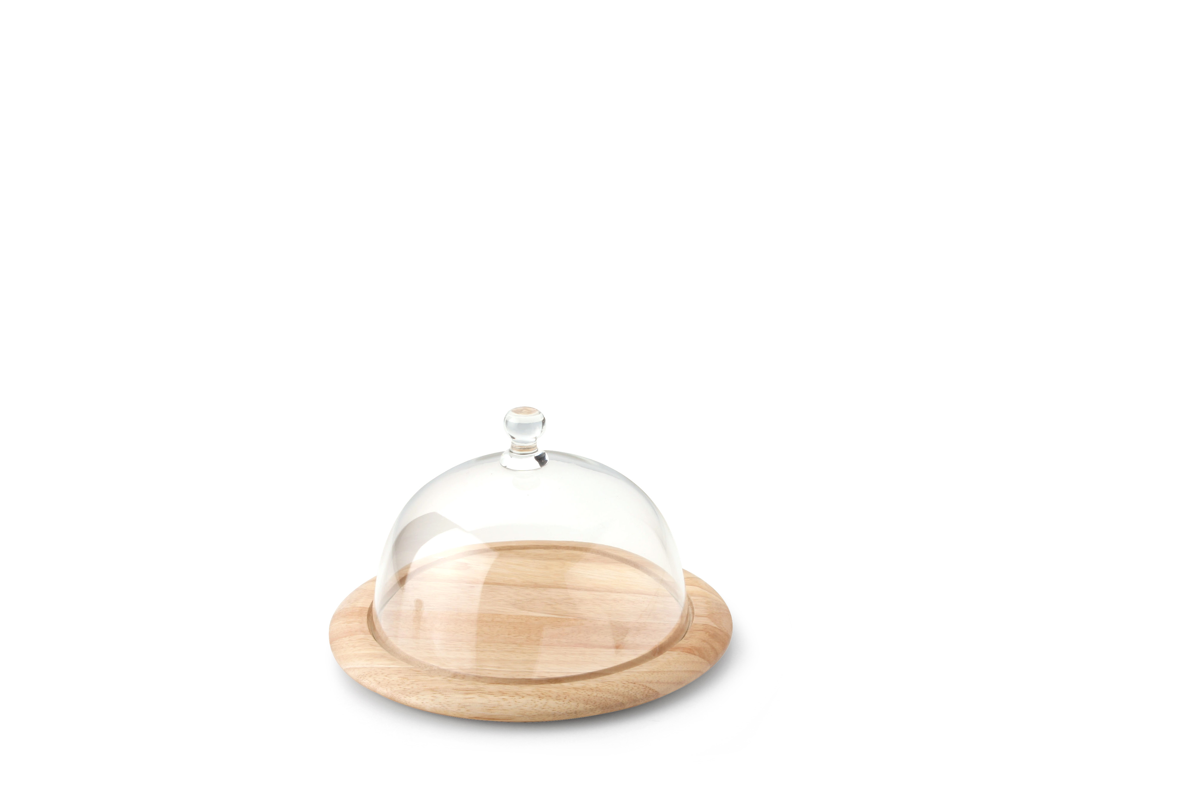 Auf dem Bild ist eine runde Holzplatte mit einer gläsernen Haube zu sehen. Die Haube steht auf der Platte und ist durchsichtig.