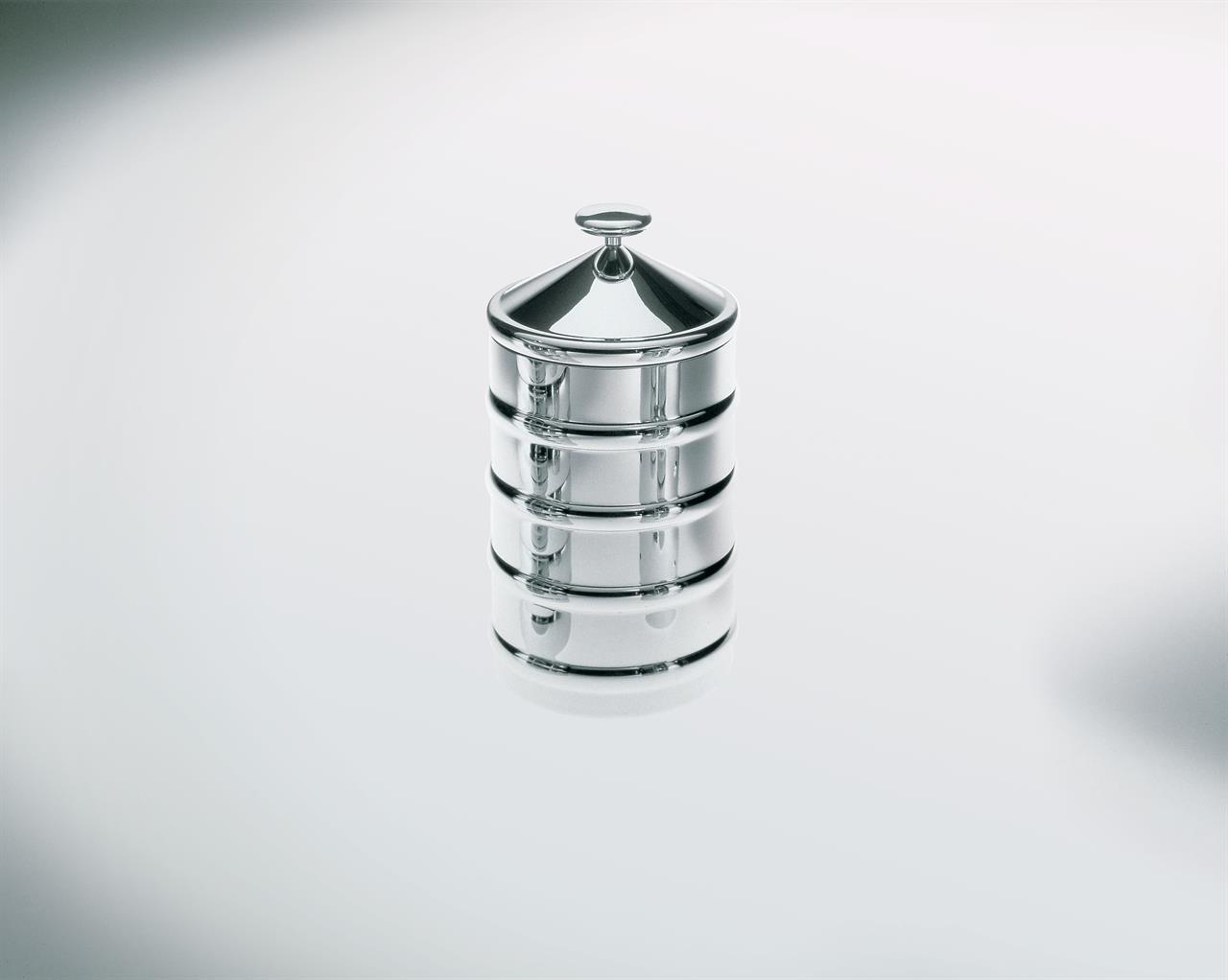 Die Abbildung zeigt die Küchendose „Kalisto 3“. Sie besteht aus glänzendem Metall und hat ein modernes, rundes Design mit Deckel.