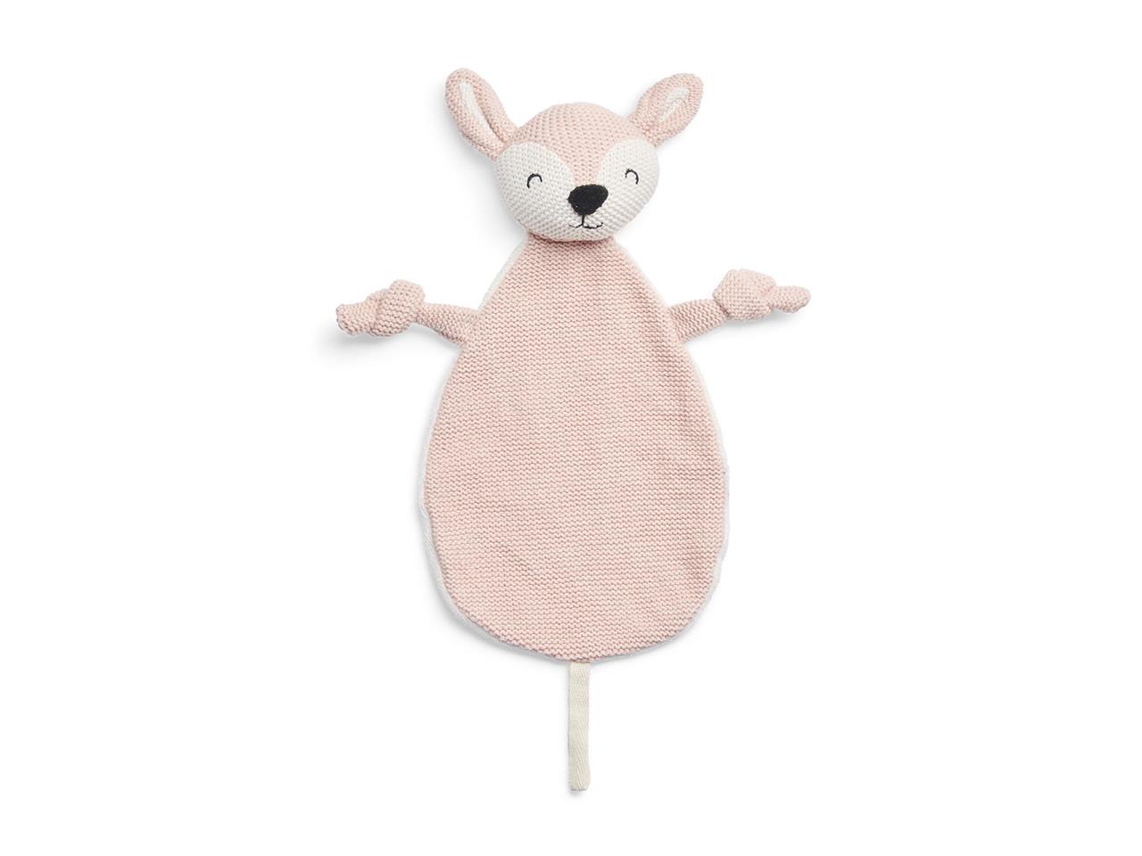 Das Bild zeigt ein Schmusetuch in der Form eines Rehs in zartem Rosa. Das Kuscheltuch hat einen freundlichen Gesichtsausdruck und ist aus weichem Strick gefertigt.