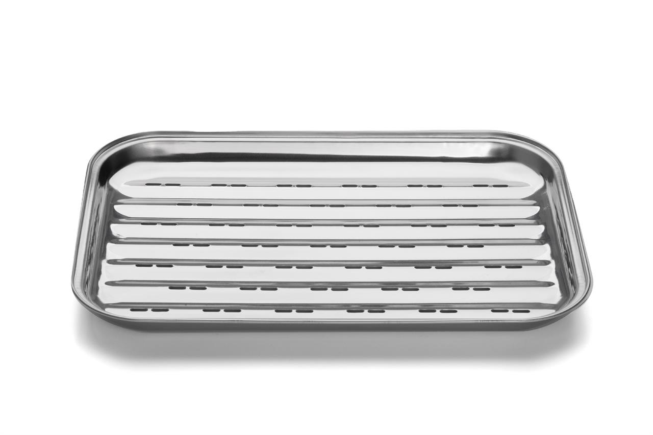 Die Abbildung zeigt eine Grillschale aus Edelstahl mit den Maßen 34,5 x 24 cm. Sie hat eine rechteckige Form und ist mit Schlitzen für den Grillgebrauch versehen.