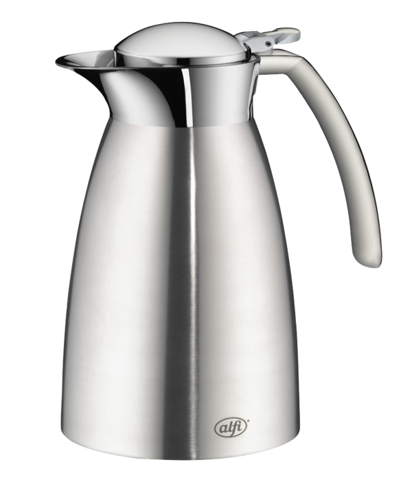 Dies ist eine silberne Thermoskanne mit einem glänzenden Deckel und Griff. Auf der Vorderseite befindet sich das Logo „alfi“.