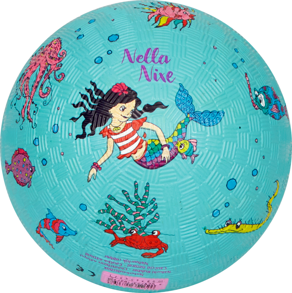 Der Ball zeigt eine bunte Meerjungfrau namens Nella Nixe, umgeben von verschiedenen Meeresbewohnern. Der Hintergrund ist türkis und mit lustigen Unterwasser-Motiven verziert.