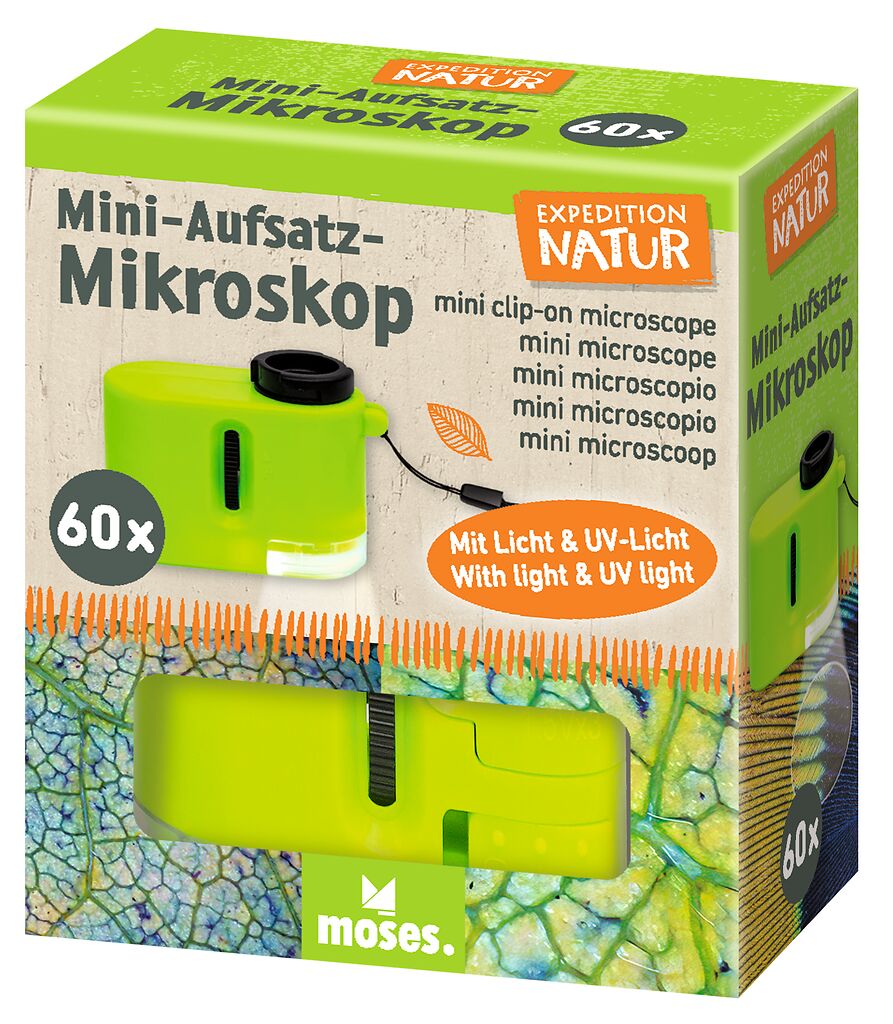 Abgebildet ist das Produkt 'Expedition Natur Mini Aufsatz-Mikroskop'. Es handelt sich um ein kleines, tragbares Mikroskop zum Aufsetzen auf Smartphones.