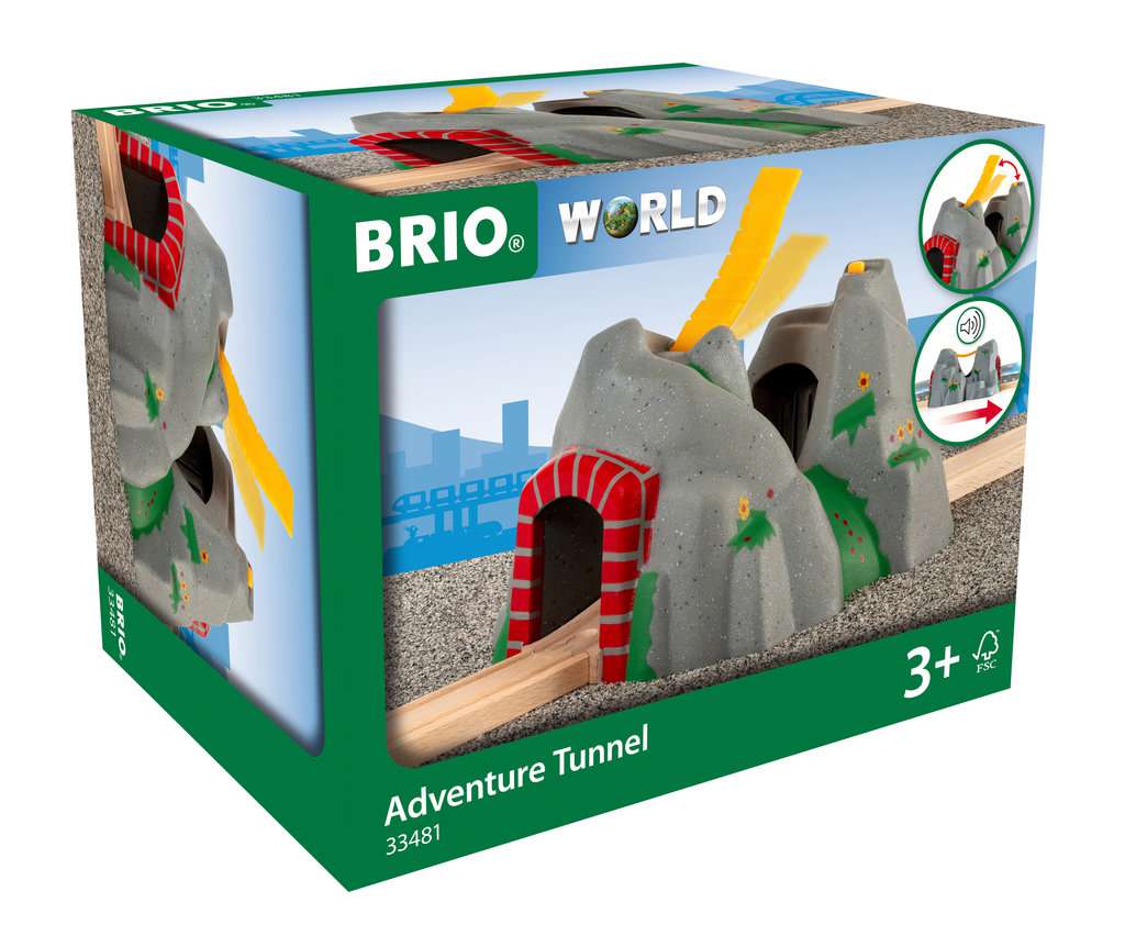 Die Verpackung zeigt den BRIO® Magischer Tunnel 33481 für Holzeisenbahnen. Das Spielzeug ist für Kinder ab 3 Jahren geeignet.