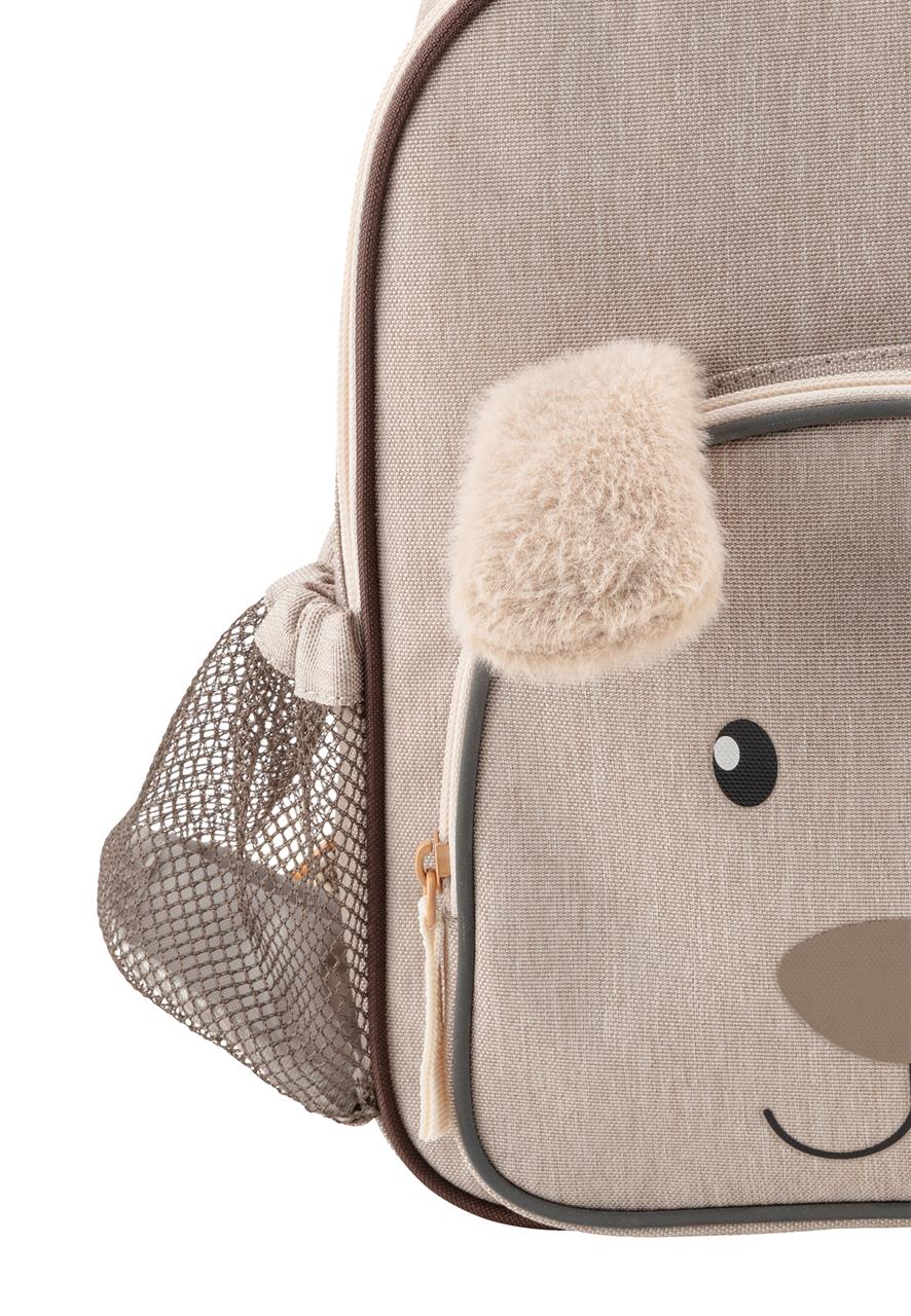 Der Kinderrucksack "Hund Lucky" ist beige und hat ein süßes Hundegesicht mit flauschigem Ohr. An der Seite befindet sich eine praktische Netzttasche.