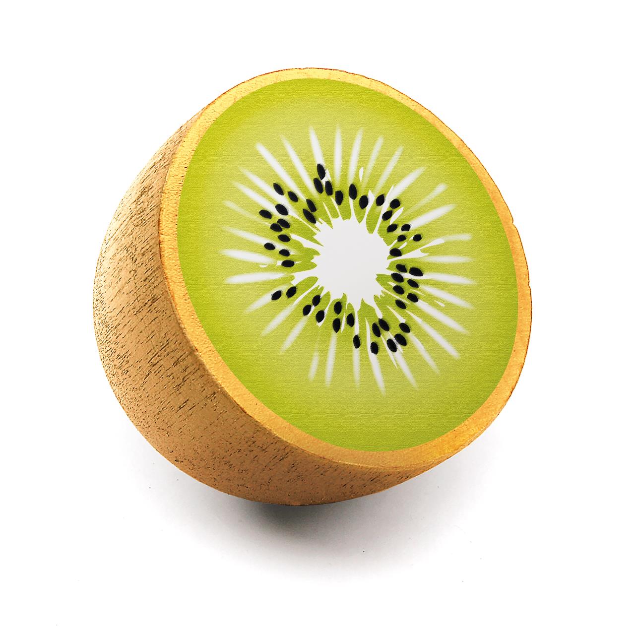 Das Bild zeigt eine halbe Kiwi mit grüner Mitte und schwarzen Kernen. Die Oberfläche sieht glatt und frisch aus.