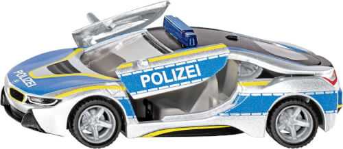 Das Bild zeigt ein Spielzeugauto im Polizei-Design. Die Tür des Autos ist geöffnet und das Wort "POLIZEI" steht an der Seite.