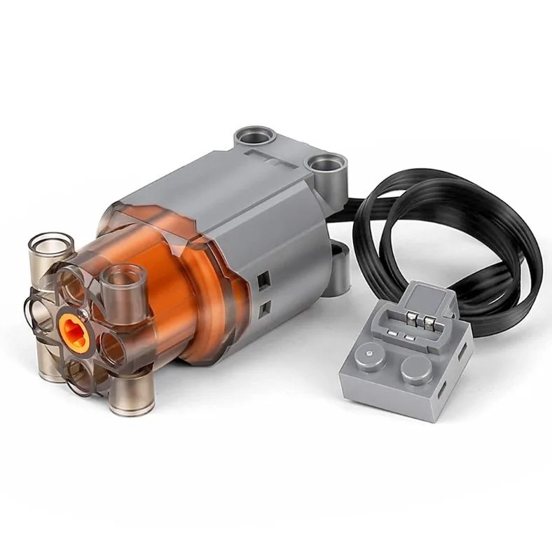 Das Bild zeigt den Mould King® M-0003 L-Motor. Es ist ein Motor, der für verschiedene Modellbauprojekte verwendet werden kann.