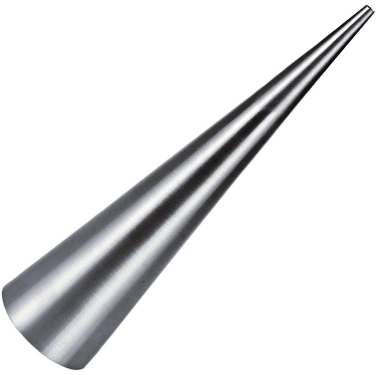 Das Bild zeigt eine Schillerlockenform aus Metall. Sie hat eine konische Form und wird zum Backen verwendet.