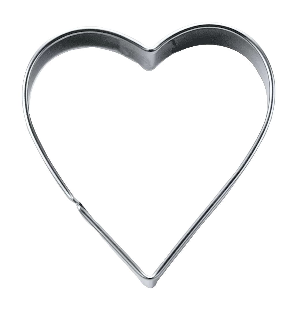 Das Bild zeigt einen Ausstecher in Herzform. Er besteht aus Metall und hat eine Größe von 8,5 cm Breite und 2,5 cm Höhe.
