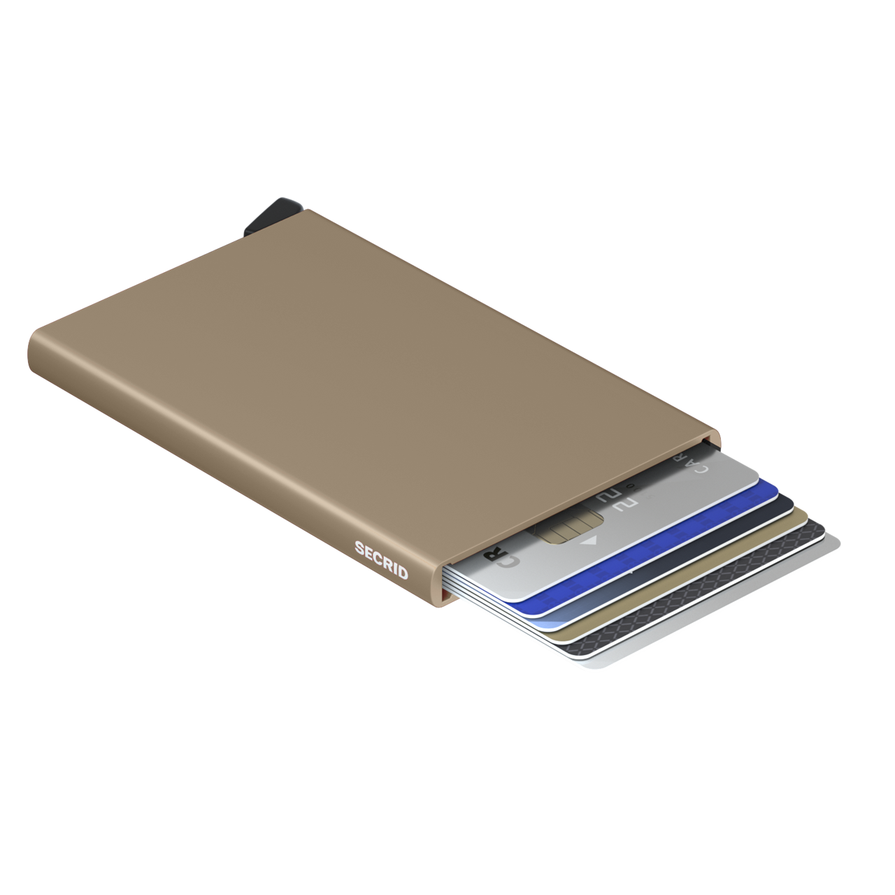 Das Bild zeigt den Cardprotector Sand, ein kompaktes Etui zur Aufbewahrung von Karten. Mehrere Karten sind ordentlich gestapelt und teilweise aus dem Etui herausgeschoben.