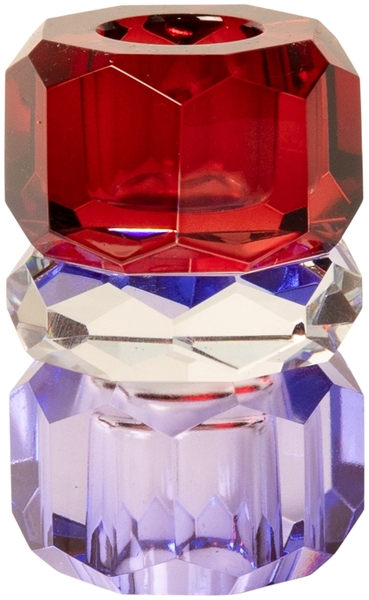 Abgebildet ist ein Kristallhalter in Bordeaux, Klar und Blau. Das Produkt misst 7,5 x 4,5 x 4 Zentimeter.