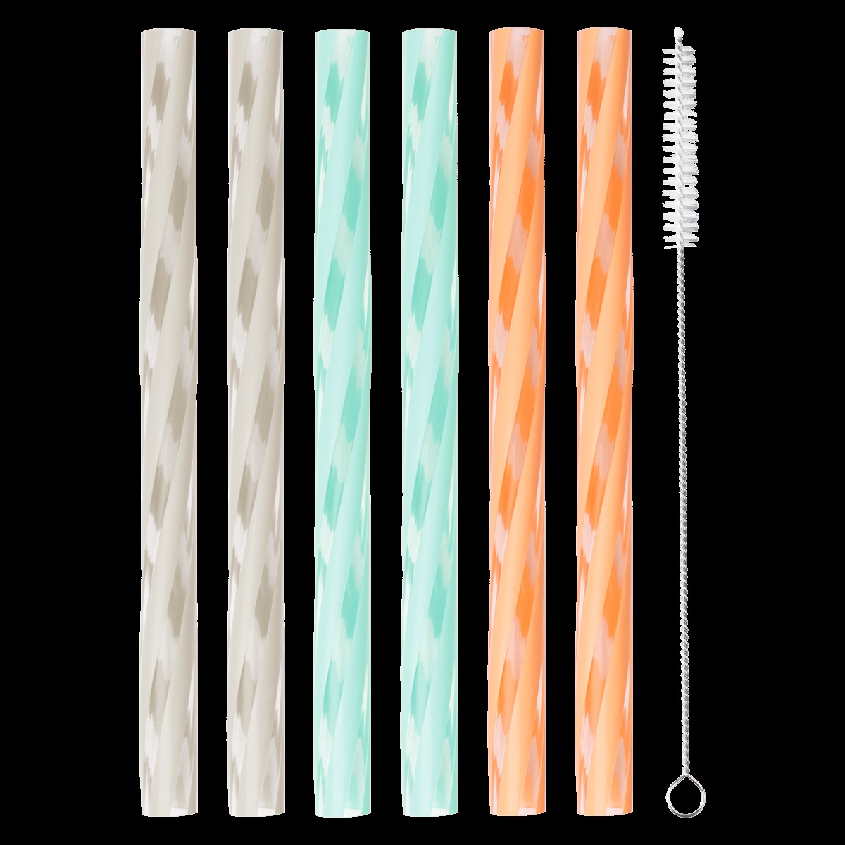 Das Bild zeigt ein Set aus sechs wiederverwendbaren Trinkhalmen in verschiedenen Farben. Rechts daneben befindet sich eine Reinigungsbürste.