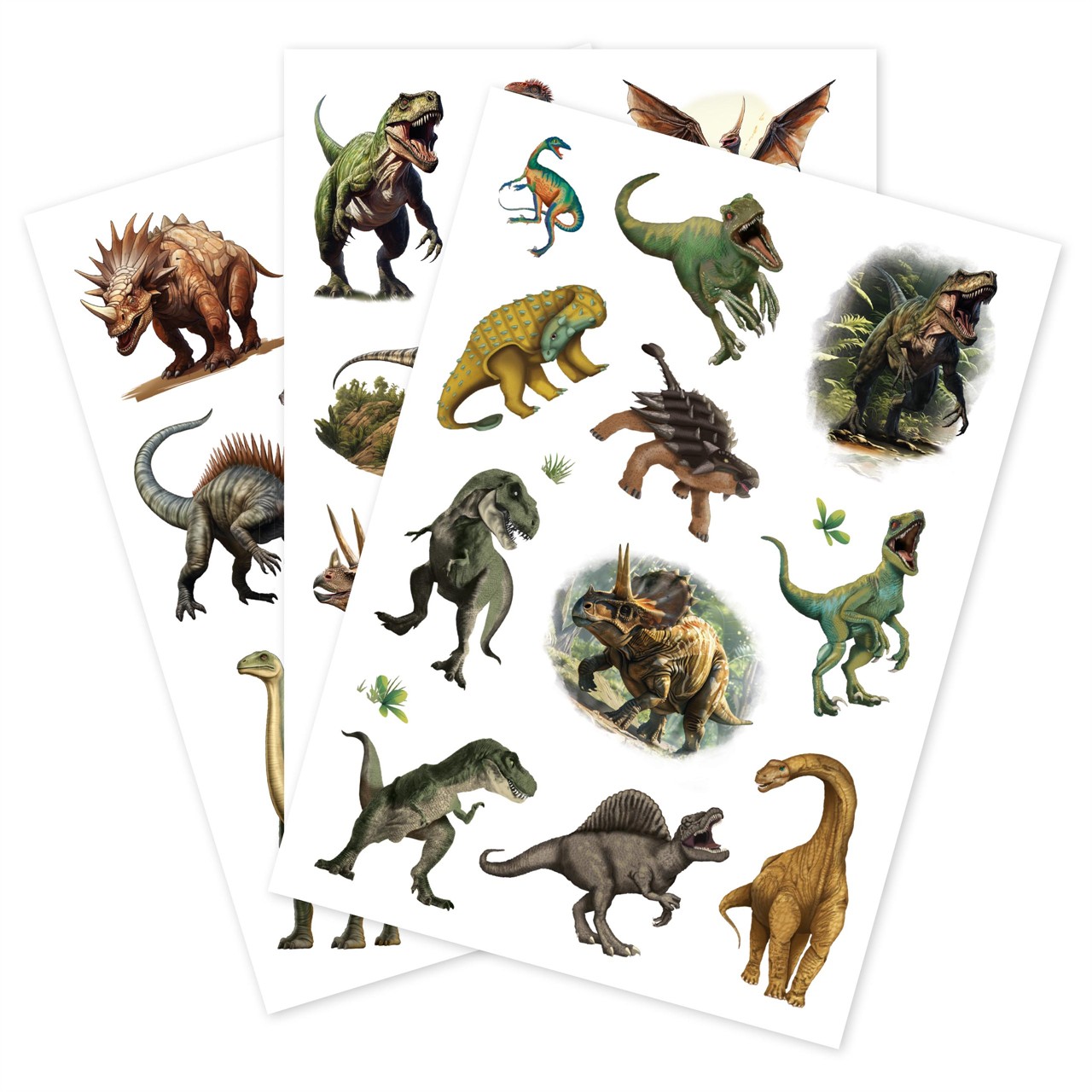 Das Bild zeigt drei Blattbögen mit verschiedenen Dinosaurier-Tattoo-Motiven. Die bunten Dinosaurierabbildungen sind detailreich und vielfältig gestaltet.