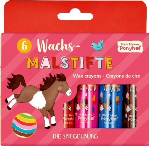 Die Abbildung zeigt eine Packung mit sechs Wachsmalstiften von „Mein kleiner Ponyhof“. Auf der Verpackung sind ein springendes Pony und ein bunter Ball abgebildet.