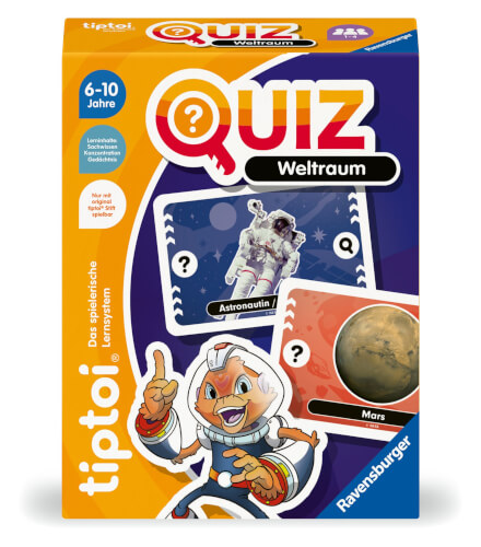 Auf dem Bild ist eine bunte Quiz-Verpackung zum Thema Weltraum von tiptoi zu sehen. Auf der Schachtel sind eine Astronautin, der Planet Mars und eine Comicfigur im Raumanzug abgebildet.