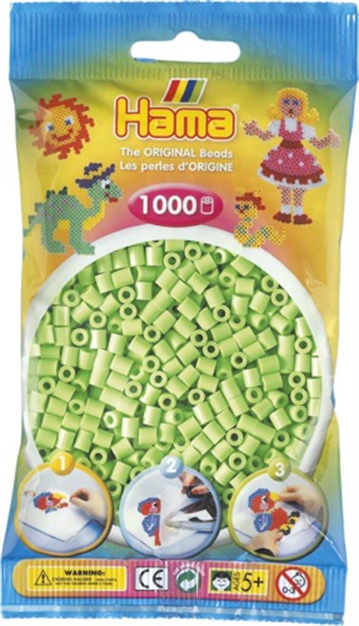 Das Bild zeigt eine Packung Hama-Bügelperlen in pastellgrün mit 1000 Stück. Auf der Verpackung sind bunte Motive und Anwendungshinweise abgebildet.