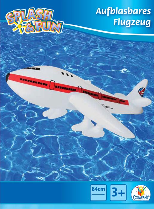 Das Bild zeigt ein aufblasbares Flugzeug, das auf dem Wasser schwimmt. Es ist ein Spielzeug aus der Reihe "Splash & Fun" und eignet sich für Kinder ab 3 Jahren.