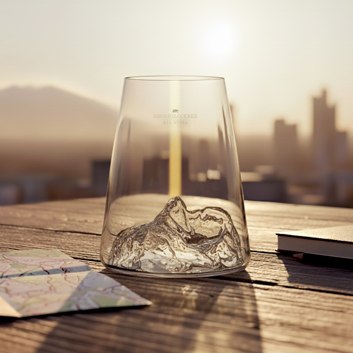 Ein Glas mit topografischem Motiv des Großglockners ist dargestellt. Das Produkt heißt Glas - Topographic Großglockner.