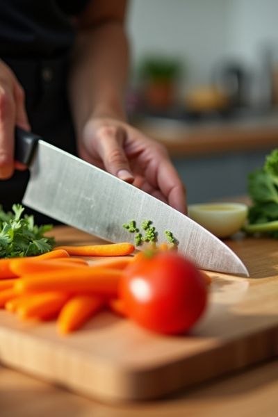 Zu sehen ist ein Messer. Das Messer ist vermutlich für die Küche oder zum Schneiden geeignet.