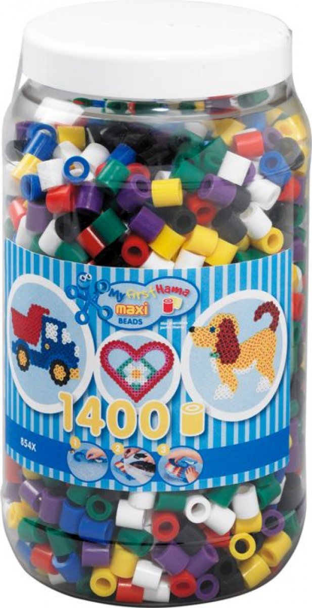 Das Bild zeigt eine Dose mit bunten Maxi-Perlen von Hama. In der Dose befinden sich 1400 Stück zum Basteln und Gestalten.