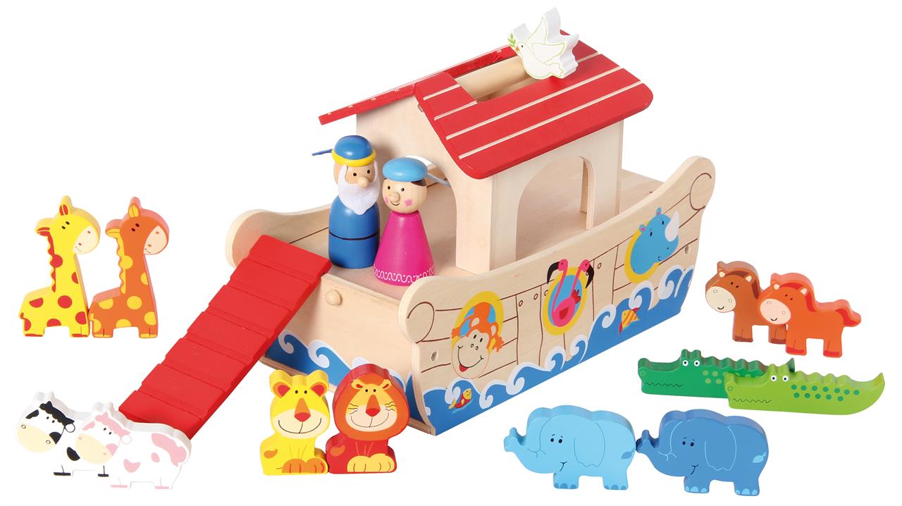 Das Bild zeigt ein Spielset der Arche Noah aus Holz mit vielen bunten Tieren und zwei Figuren. Die Tiere stehen paarweise vor der Arche, die eine rote Rampe und aufgemalte Wellen hat.