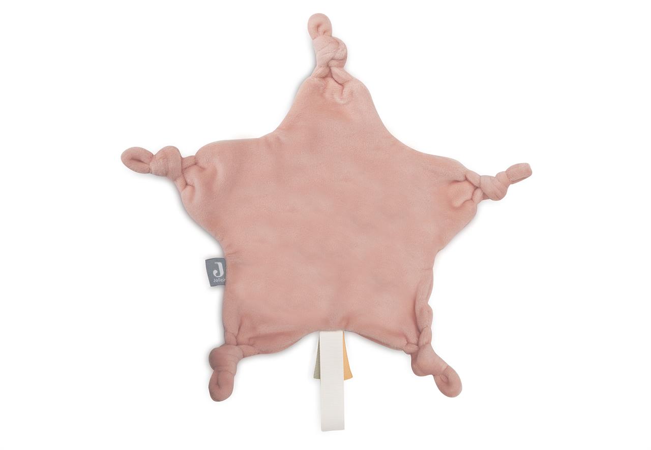 Das Bild zeigt ein rosa Schmusetuch in Sternform mit verknoteten Enden. Unten am Tuch sind kleine Bändchen befestigt.