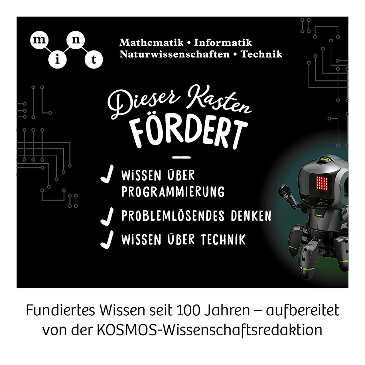 Auf dem Bild ist das Produkt "Proxi - Dein micro:bit Programmier-Roboter" zu sehen. Es fördert Wissen über Programmierung, problemlösendes Denken und Technik.
