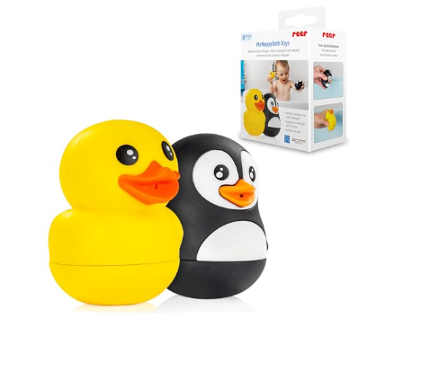 Das Bild zeigt die MyHappyBath Toys Badespieltiere Ente & Pinguin. Es sind bunte Spieltiere für die Badewanne zu sehen.