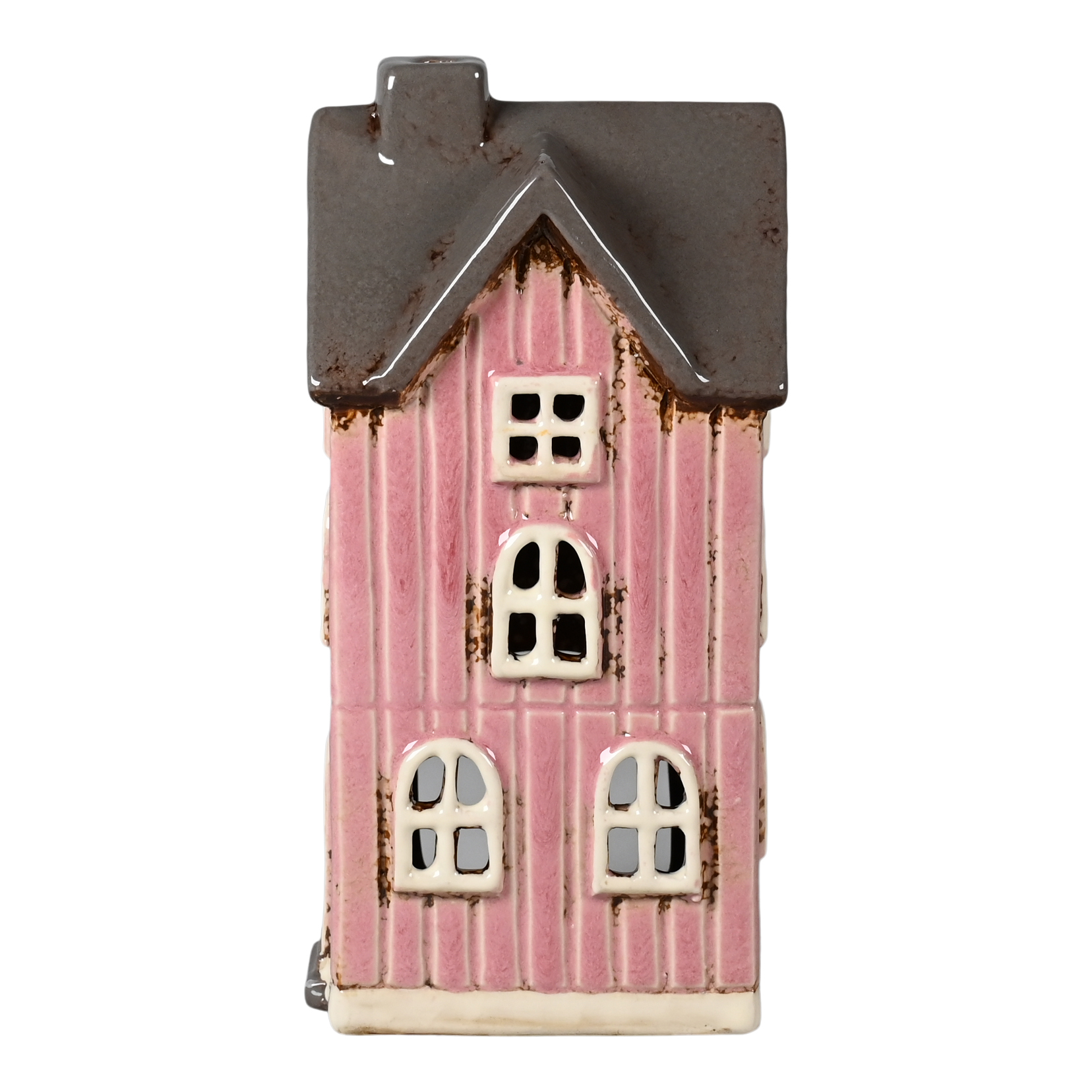 Hier sieht man ein rosafarbenes Keramikhaus, geeignet für ein Teelicht. Das Haus hat die Maße 17x8x7 cm.