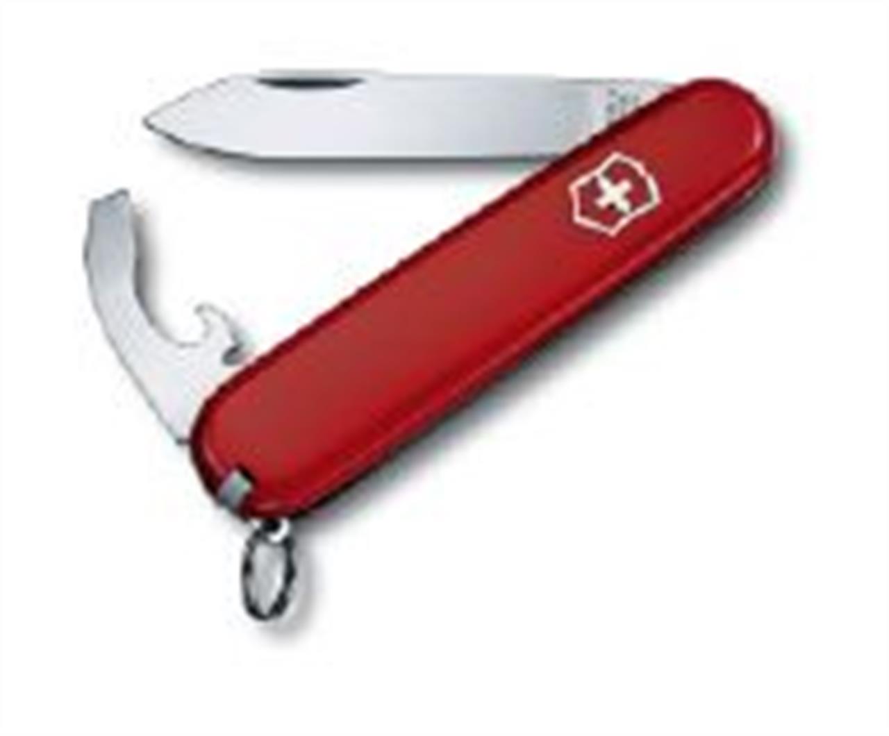 Das Bild zeigt ein rotes Taschenmesser mit aufgeklappter Klinge und Multifunktionswerkzeug. Auf dem Griff befindet sich ein weißes Kreuz-Logo.