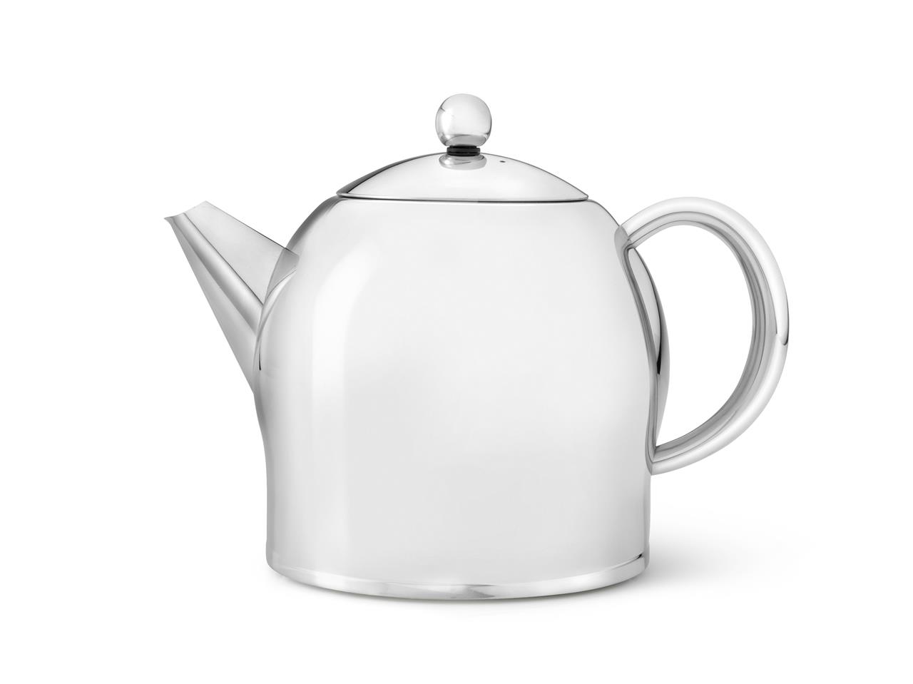 Die Abbildung zeigt eine glänzende Teekanne mit einem Fassungsvermögen von 1,4 Litern. Es handelt sich um das Produkt "Teekanne Minuett Santhee glänzend 1.4L".