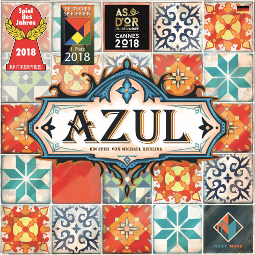 Das Bild zeigt das Brettspiel "Azul" mit kunstvollen, bunten Fliesen auf dem Cover. Oben links sind mehrere Auszeichnungen zu sehen, darunter "Spiel des Jahres 2018".