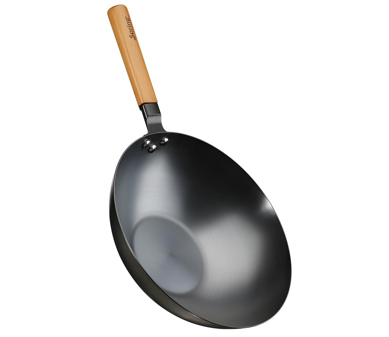 Die Abbildung zeigt die Wokpfanne 30 cm CANTON. Sie hat einen runden Metallkörper und einen Griff aus Holz.