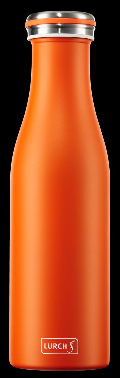Auf dem Bild ist eine orangefarbene Isolierflasche aus Edelstahl mit einem Fassungsvermögen von 0,5 Litern zu sehen. Die Flasche hat einen silberfarbenen Deckel und trägt das Logo "Lurch" am unteren Rand.