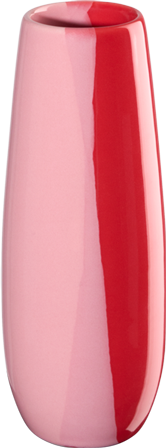Die Vase ist hoch und schlank mit einer glänzenden Oberfläche. Sie hat eine rosa Grundfarbe mit einem auffälligen roten Streifen.