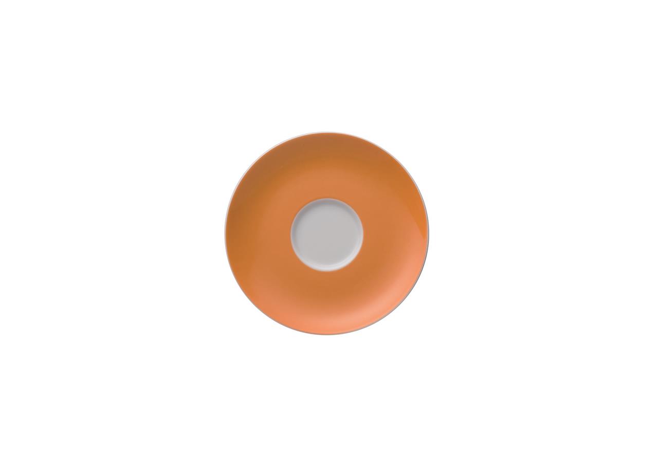 Die Abbildung zeigt eine Kaffee-/Tee-Untertasse mit einem Durchmesser von 14,5 cm. Die Untertasse ist orangefarben und gehört zur Serie "Sunny Day".