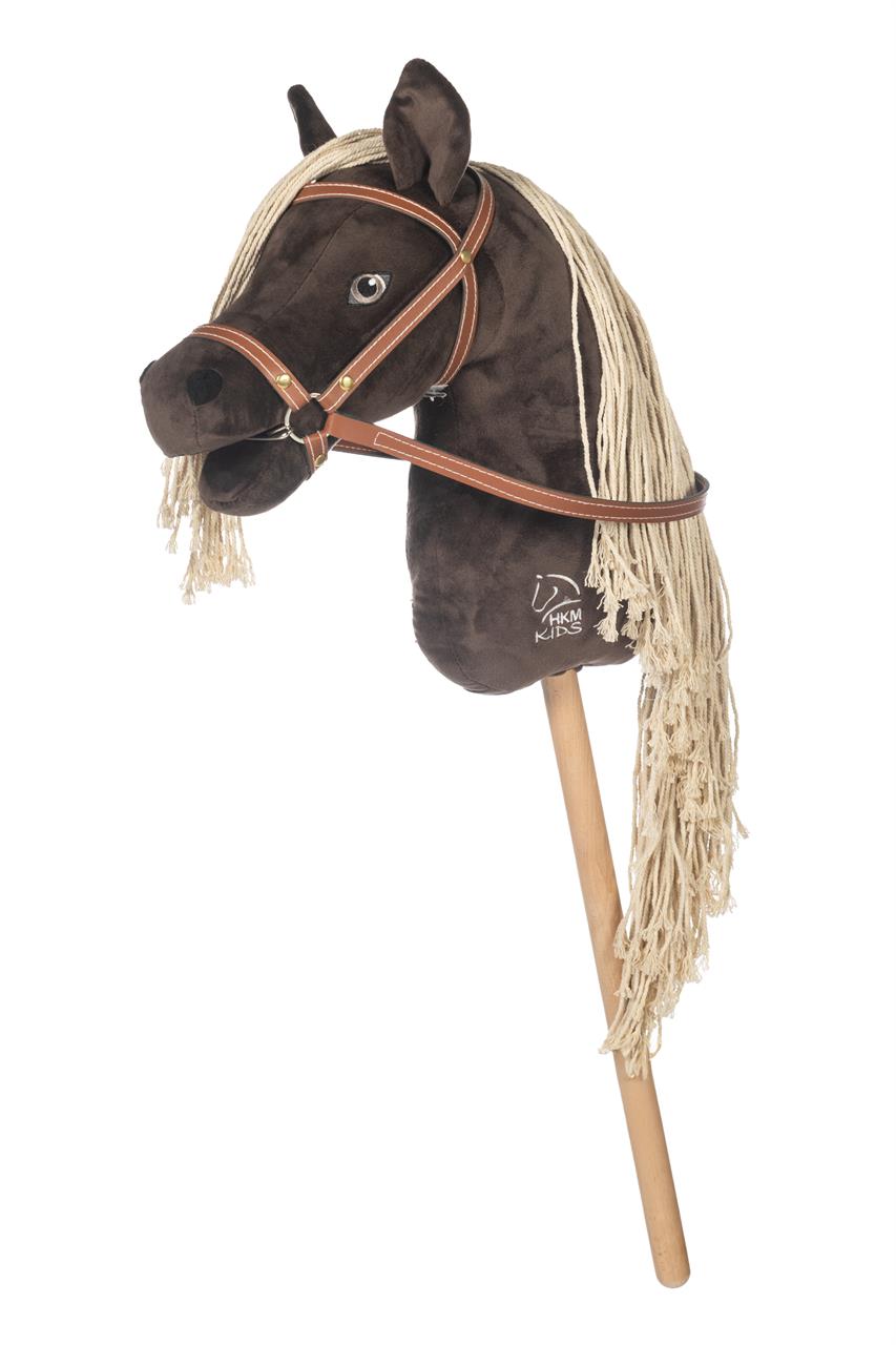 Das Bild zeigt ein dunkelbraunes Steckenpferd mit heller Mähne und Zaumzeug. Das Produkt heißt „Hobby Horse -Mini-2100 dunkelbraun“.