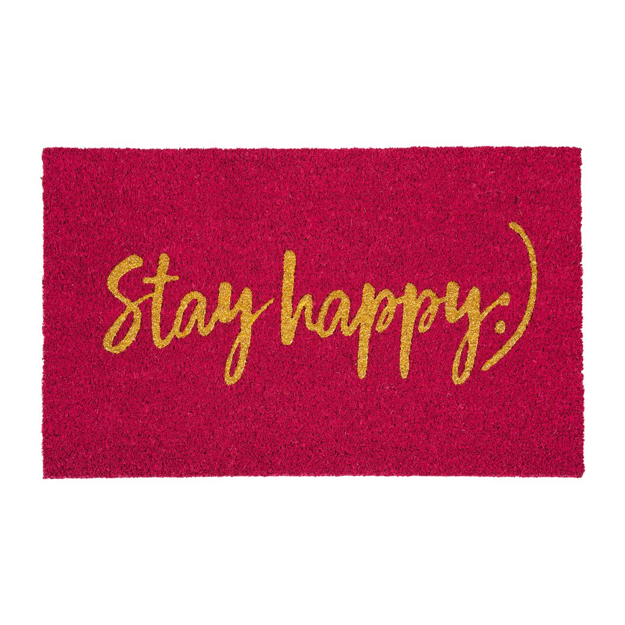 Die Fußmatte ist rot und hat die Maße 45x75 cm. Auf der Matte steht in gelber Schrift "Stay happy :)".