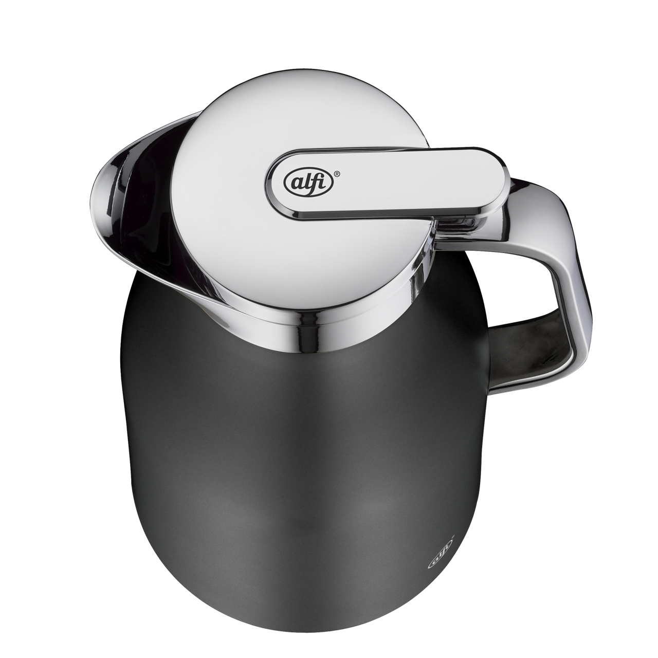 Die Abbildung zeigt eine Isolierkanne in der Farbe Cool Grey mit einem Fassungsvermögen von 1,0 Liter. Die Kanne hat einen silbernen Deckel und Griff und wirkt modern und elegant.