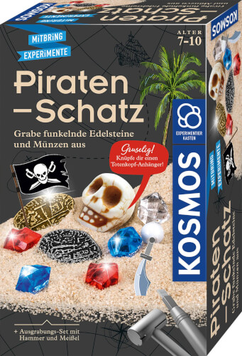 Auf dem Bild ist eine Piraten-Schatz Experimentierbox für Kinder im Alter von 7 bis 10 Jahren zu sehen. Die Box enthält funkelnde Edelsteine, Münzen und einen Totenkopf-Anhänger zum Ausgraben.
