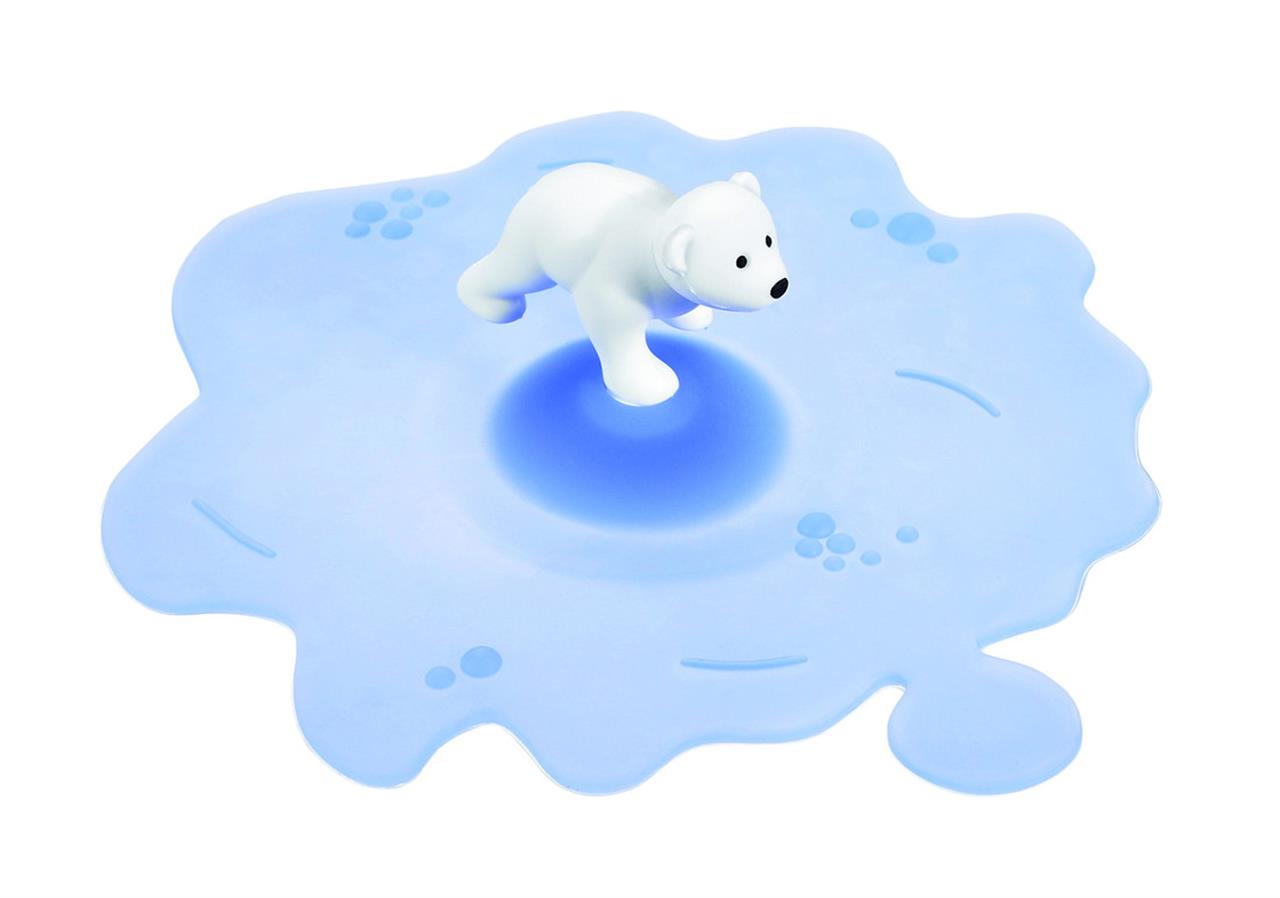 Das Bild zeigt das Produkt "Mein Deckel Eisbär". Es ist ein blauer Deckel in Form einer Eisscholle mit einer kleinen Eisbärfigur darauf.