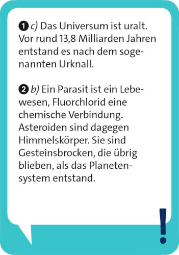 Das Bild zeigt einen Text in einem hellblauen Kasten mit zwei nummerierten Abschnitten. Im ersten Abschnitt wird das Alter des Universums beschrieben, und im zweiten Abschnitt werden Parasiten, Fluorchlorid und Asteroiden erklärt.