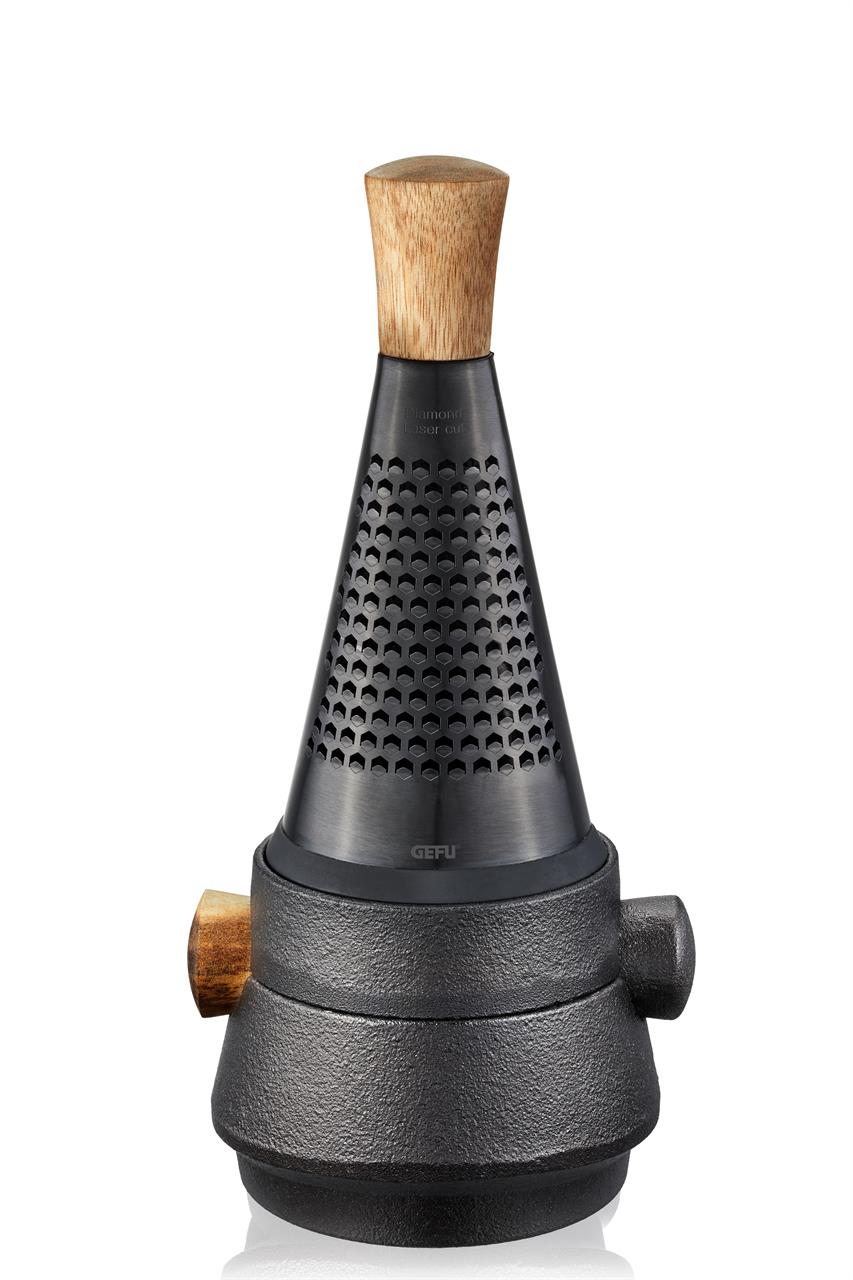 Das Bild zeigt das Produkt „Spicetower X-Plosion“. Es hat ein modernes Design mit schwarzem Metall und Holz-Elementen.